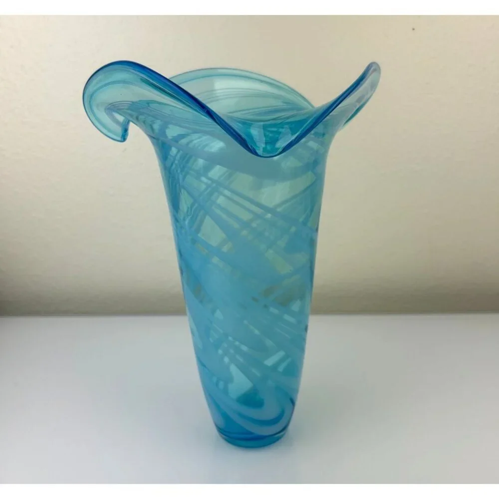 Blown Glass Art Fluted Aqua Blue & White Swirled Vase Home Decor 11.25